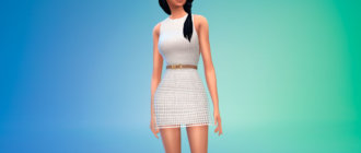 Короткое платье с сетчатым слоем и светло-коричневый поясом для Симс 4 - фото 1