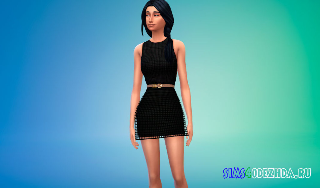 Короткое платье с сетчатым слоем и светло-коричневый поясом для Симс 4 - фото 2