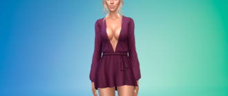 Короткое платье с глубоким вырезом и завязанной талией для Симс 4 – фото 1