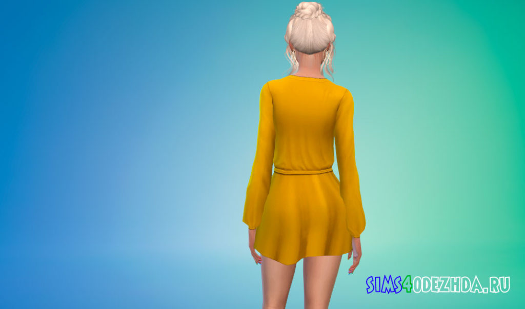 Короткое платье с глубоким вырезом и завязанной талией для Симс 4 – фото 3