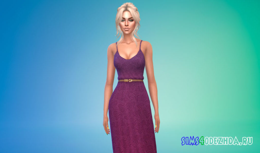 Простое длинное платье с поясом для Симс 4 – фото 2