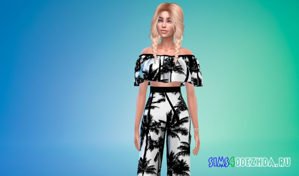 Яркий наряд из топа и брюк-клеш для Симс 4 – фото 2