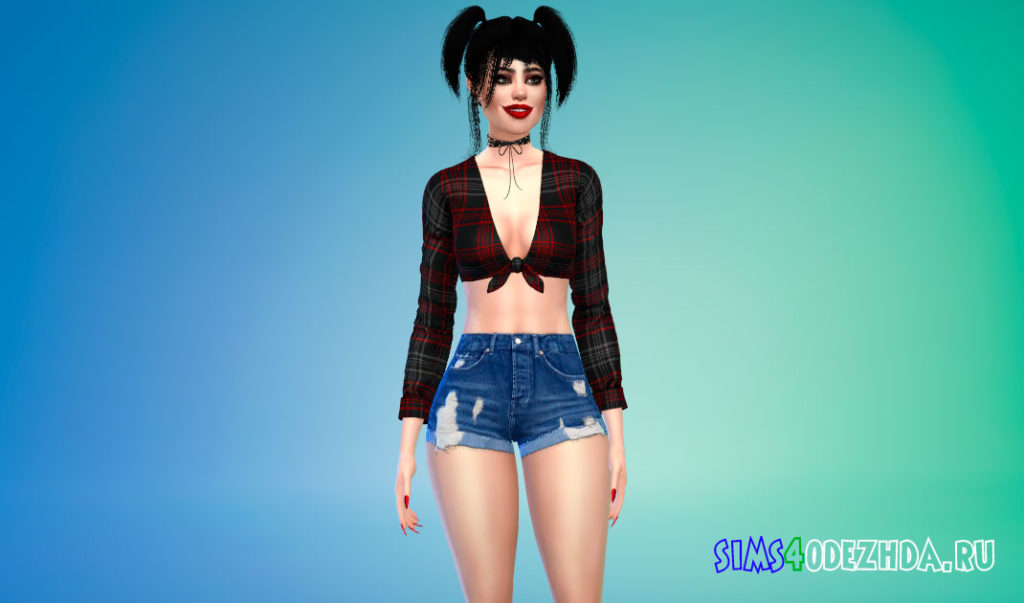 Короткая рубашка с узлом для Симс 4 – фото 2