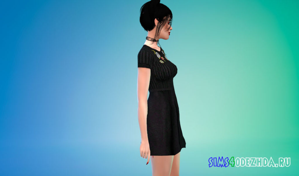Черное мини-платье с вышивкой для Симс 4 – фото 2