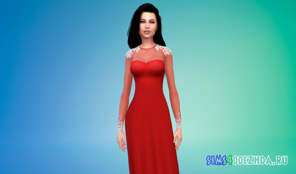 Длинное платье с прозрачными рукавами для Симс 4 – фото 2