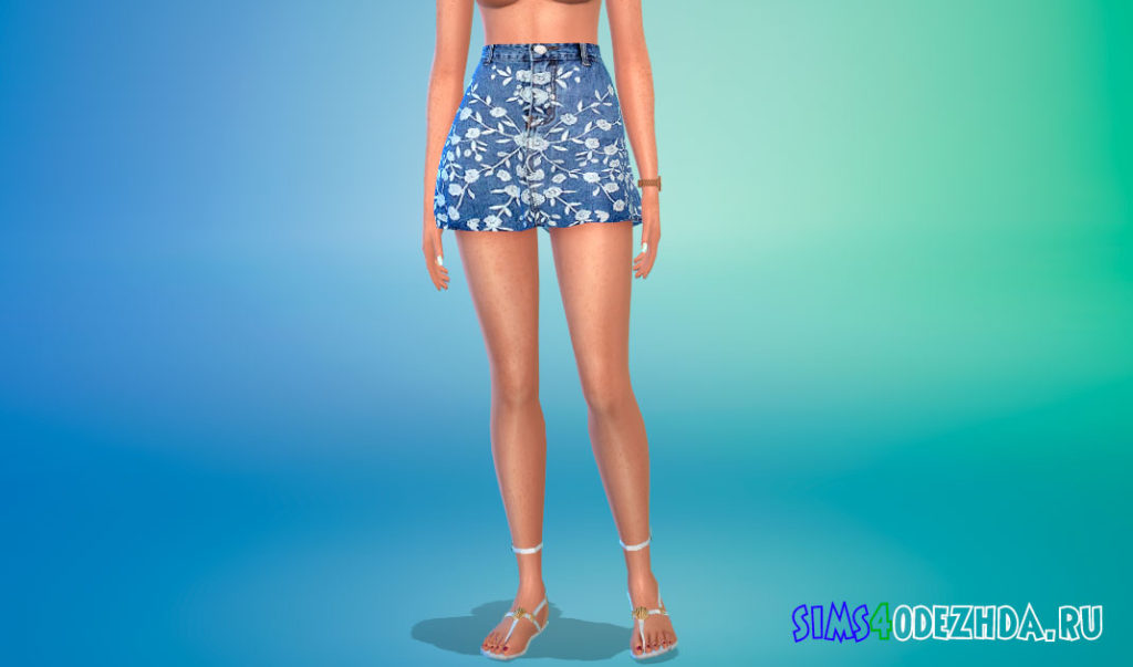 Джинсовая юбка с цветочным рисунком для Симс 4 – фото 2