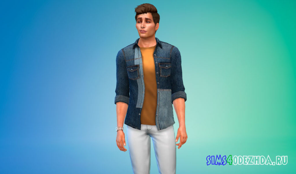 Джинсовая рубашка в стиле пэчворк для Симс 4 – фото 2
