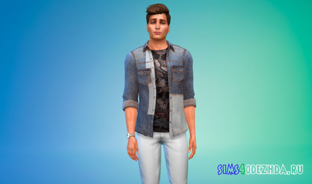 Джинсовая рубашка в стиле пэчворк для Симс 4 – фото 3