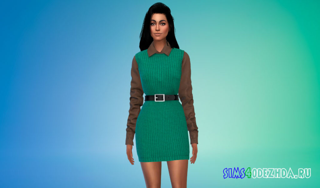 Простое платье-свитер с рубашкой для Симс 4 – фото 1