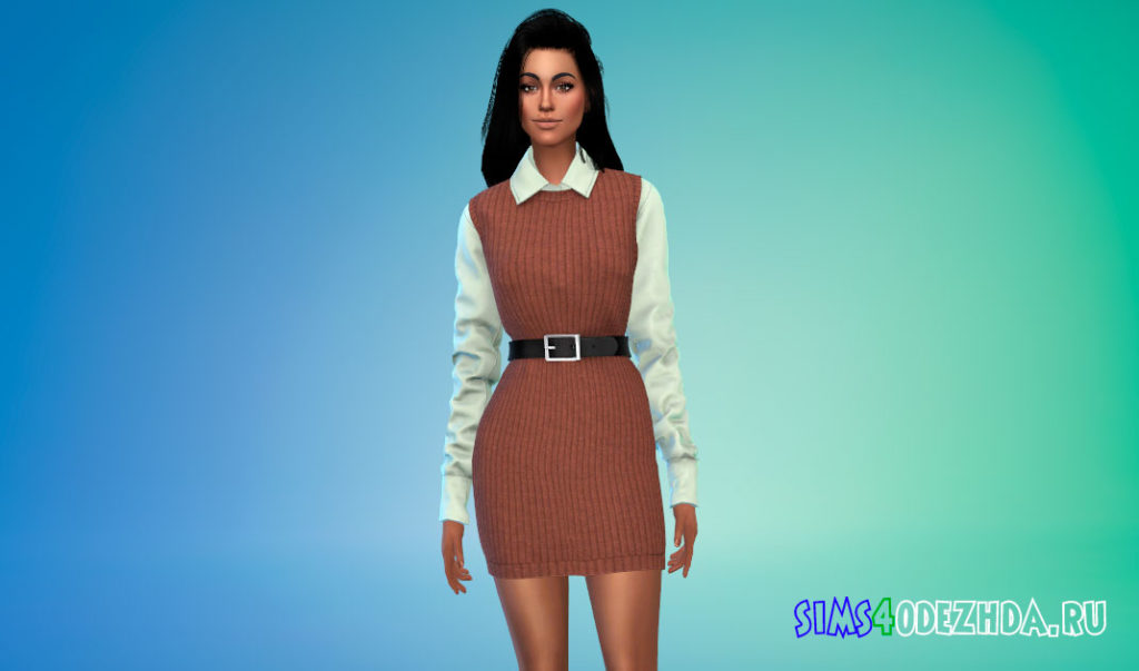Простое платье-свитер с рубашкой для Симс 4 – фото 2