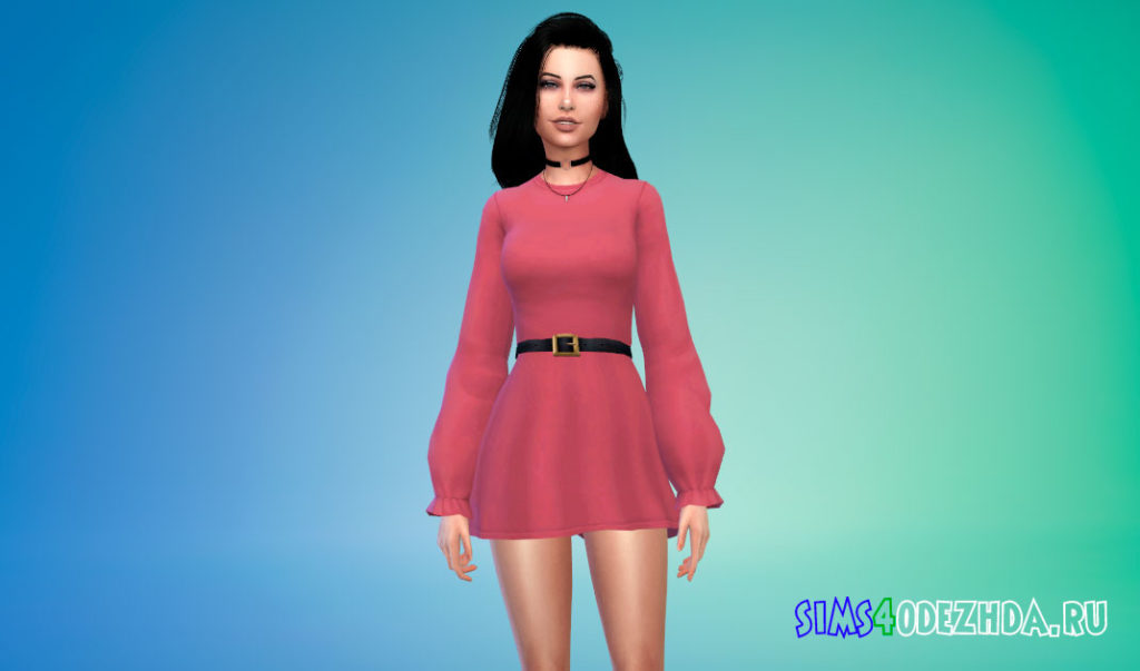 Платье с длинными рукавами и поясом для Симс 4 – фото 2