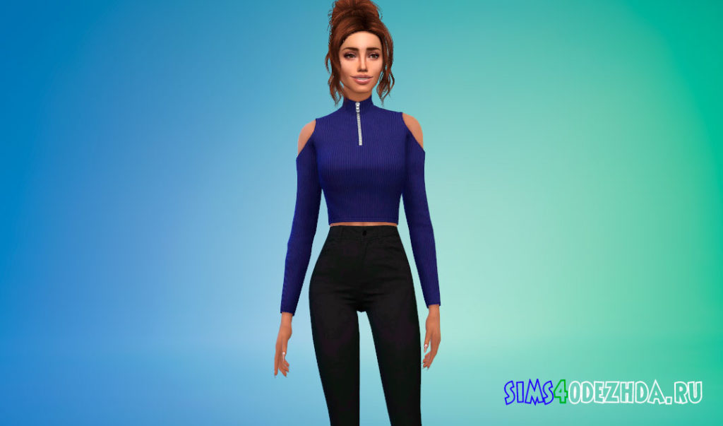 Укороченный топ с длинными рукавами в рубчик для Симс 4 – фото 2