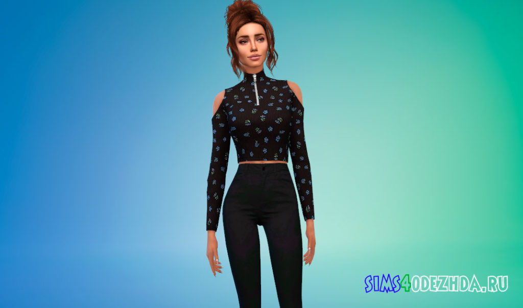 Укороченный топ с длинными рукавами в рубчик для Симс 4 – фото 3