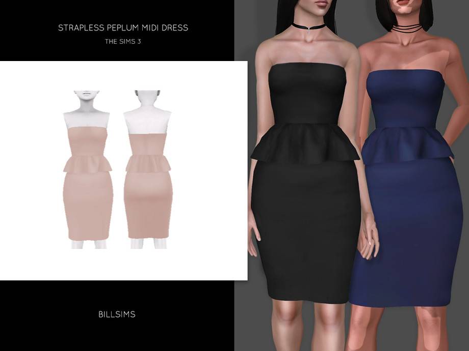 Платье Strapless Peplum Midi Dress для Симс 3