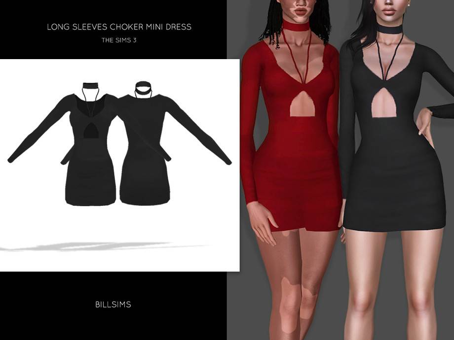 Платье Long Sleeves Choker Mini Dress для Симс 3