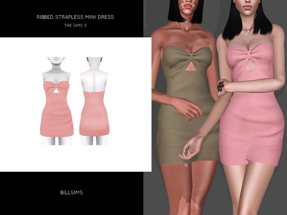 Платье Ribbed Strapless Mini Dress для Симс 3