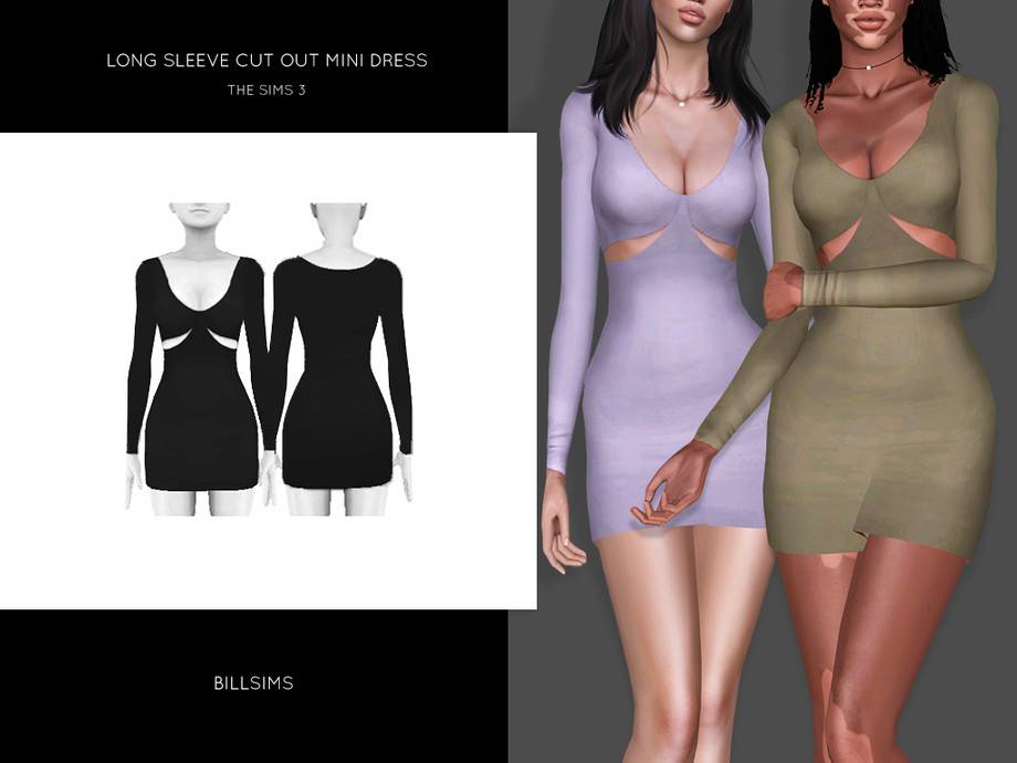 Платье Long Sleeve Cut Out Mini Dress для Симс 3