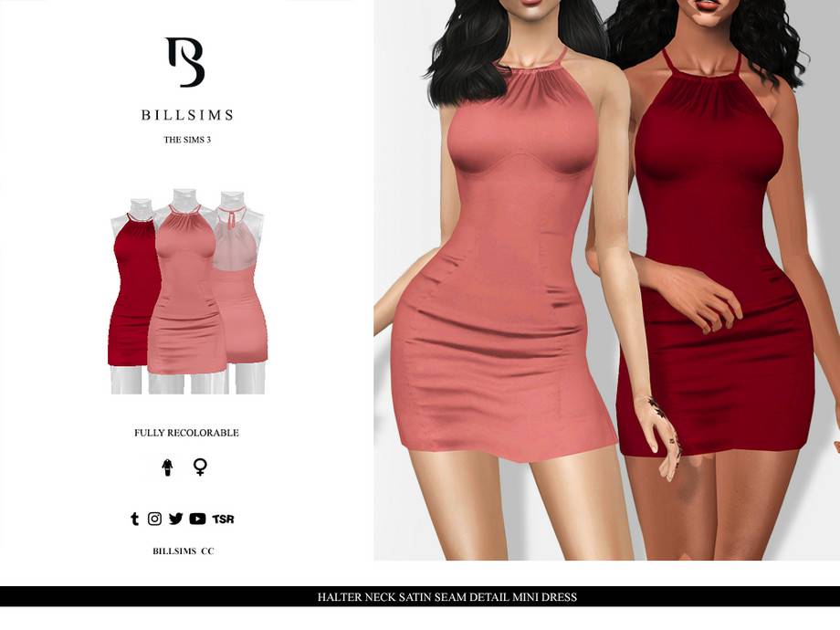 Платье Halter Neck Satin Seam Detail Mini Dress для Симс 3