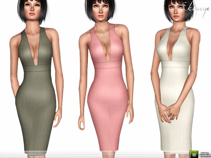 Платье Rib Plunge Neck Midi Dress для Симс 3