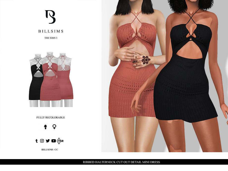 Платье Ribbed Halterneck Cut Out Detail Mini Dress для Симс 3