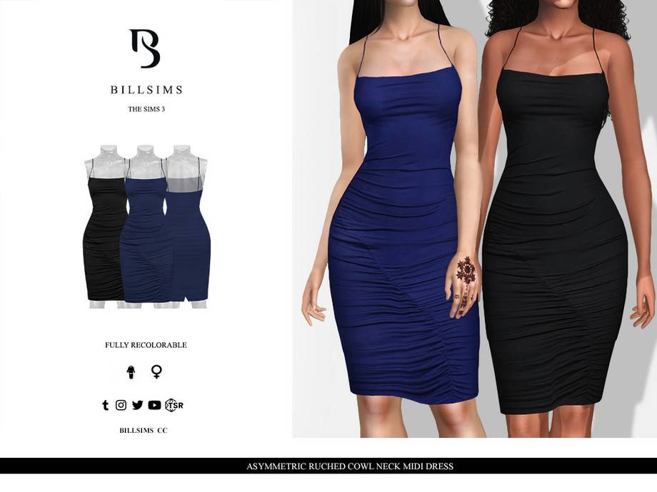 Платье Asymmetric Ruched Cowl Neck Midi Dress для Симс 3