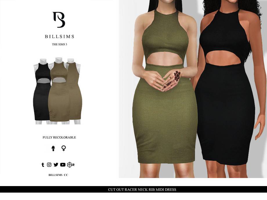 Платье Cut Out Racer Neck Rib Midi Dress для Симс 3