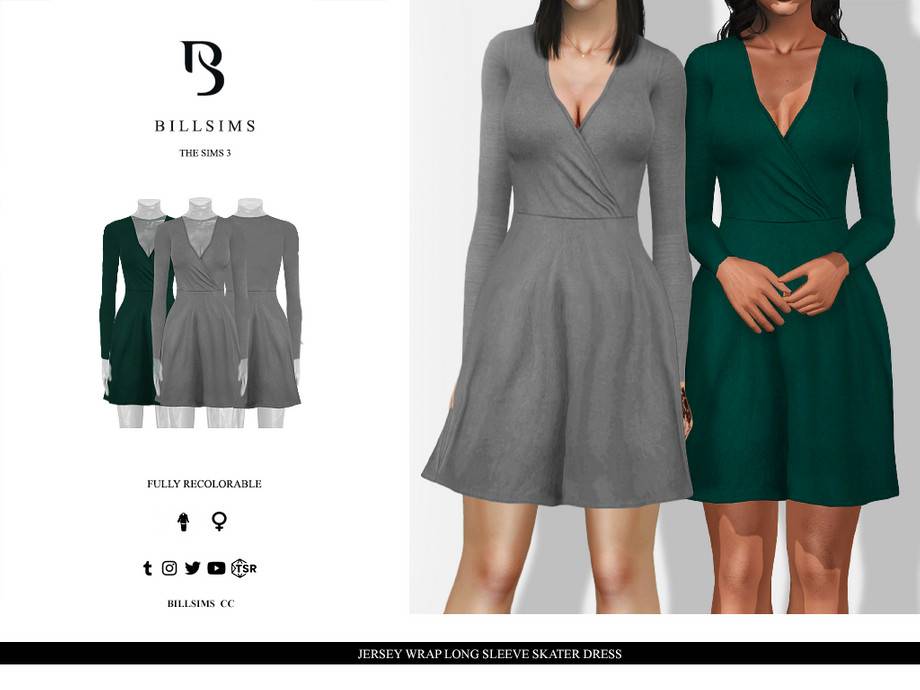 Платье Jersey Wrap Long Sleeve Skater Dress для Симс 3