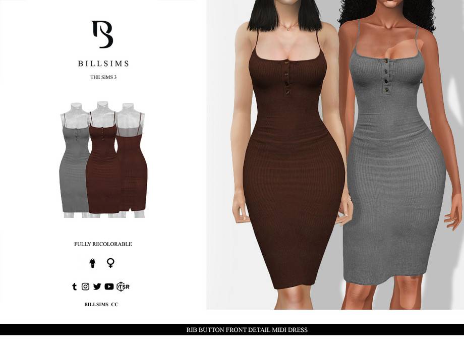 Платье Rib Button Front Detail Midi Dress для Симс 3