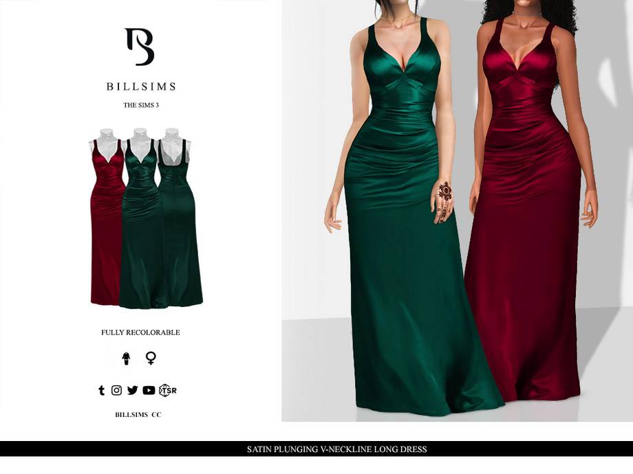 Платье Satin Plunging V-Neckline Long Dress для Симс 3