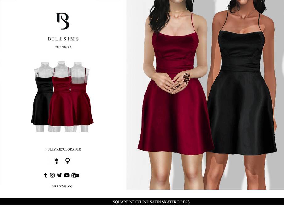 Платье Square Neckline Satin Skater Dress для Симс 3