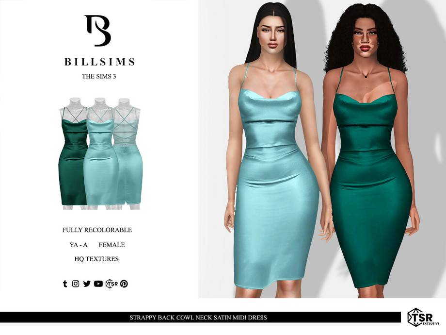 Платье Strappy Back Cowl Neck Satin Midi Dress для Симс 3