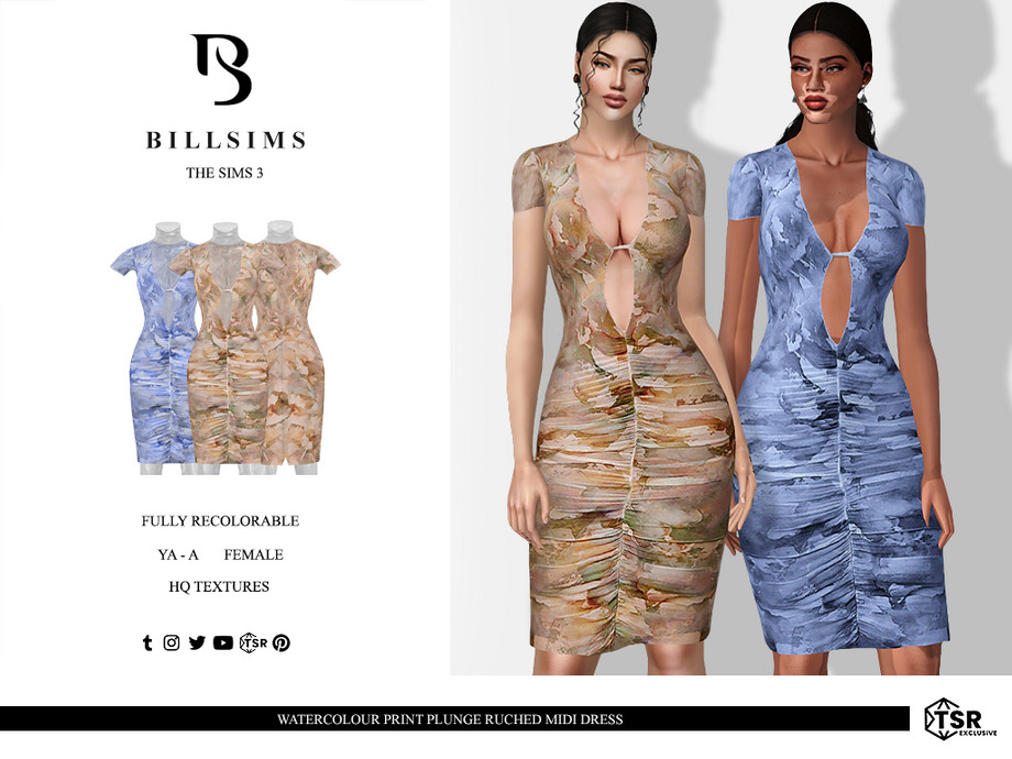 Платье Watercolour Print Plunge Ruched Midi для Симс 3