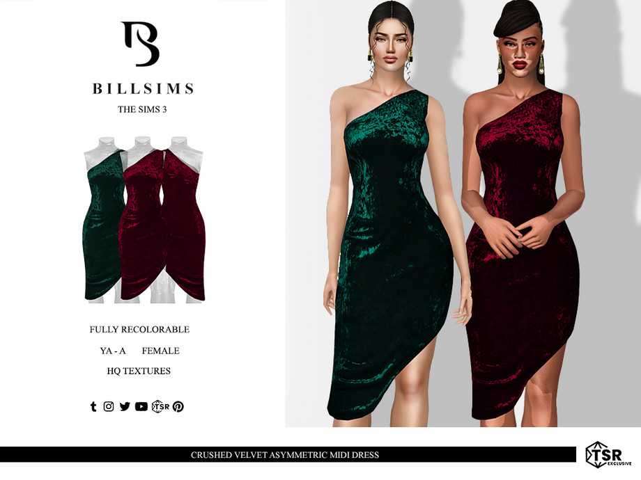 Платье Crushed Velvet Asymmetric Midi для Симс 3