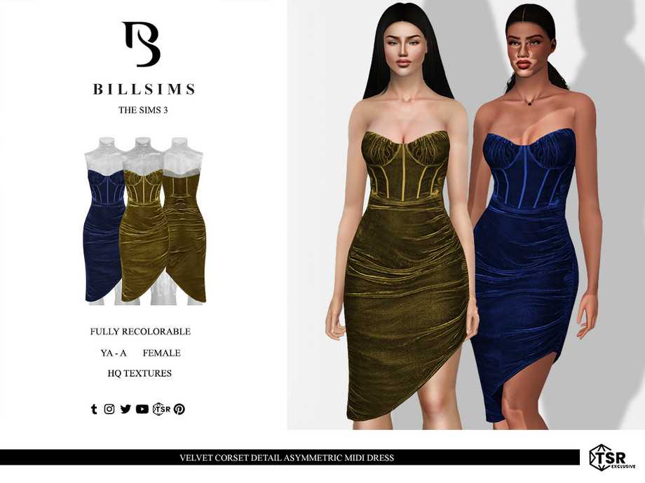 Платье Velvet Corset Detail Asymmetric Midi для Симс 3
