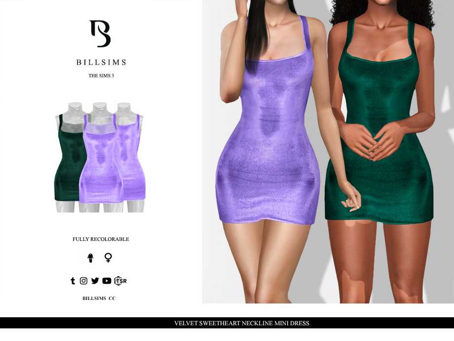 Платье Velvet Sweetheart Neckline Mini для Симс 3