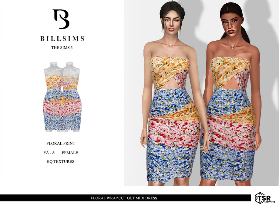 Платье Floral Wrap Cut Out Midi для Симс 3