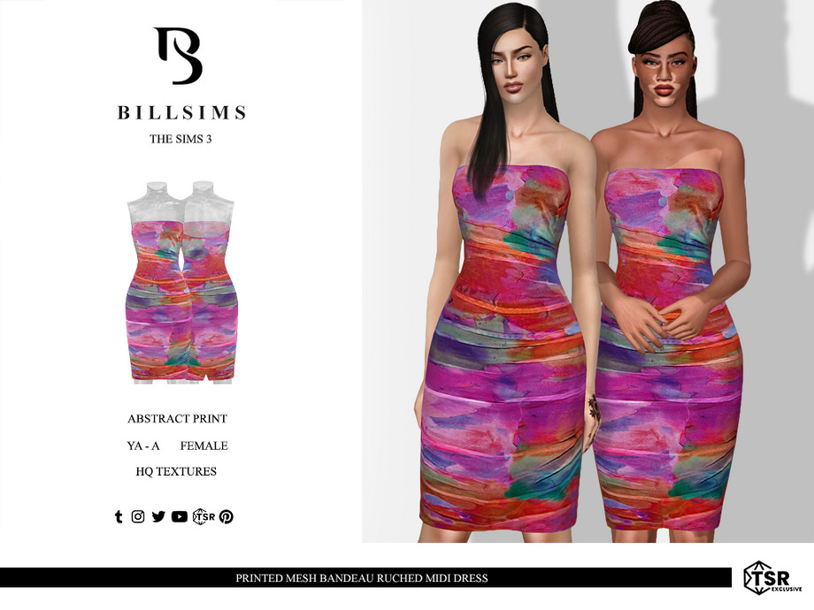 Платье Printed Mesh Bandeau Ruched Midi для Симс 3