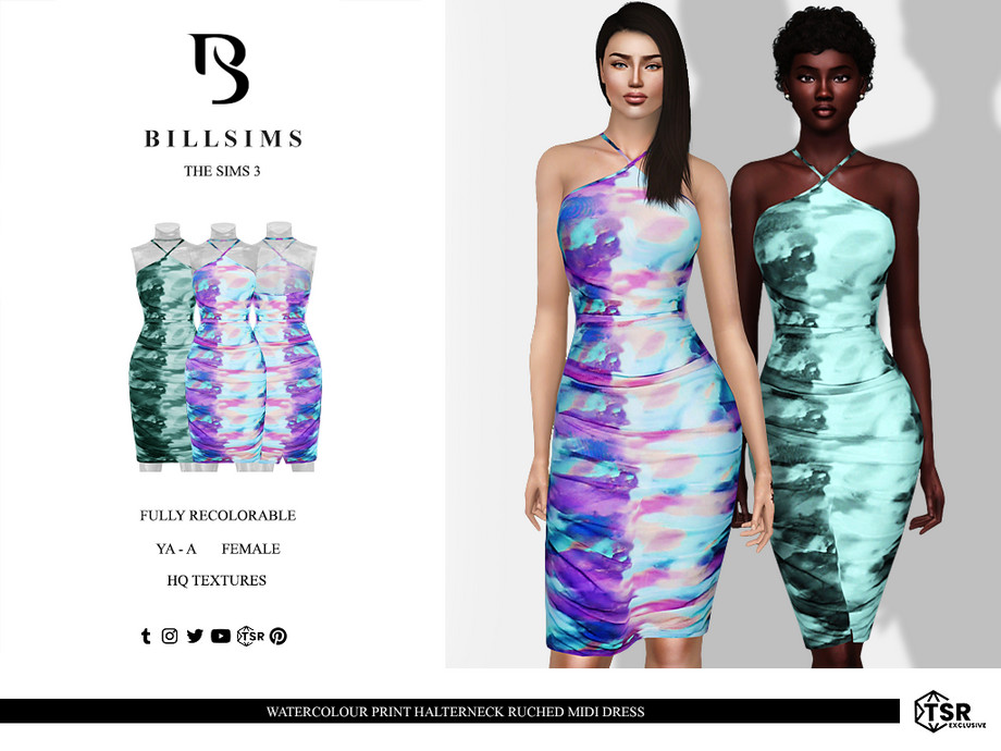 Платье Watercolour Print Halterneck Ruched Midi для Симс 3