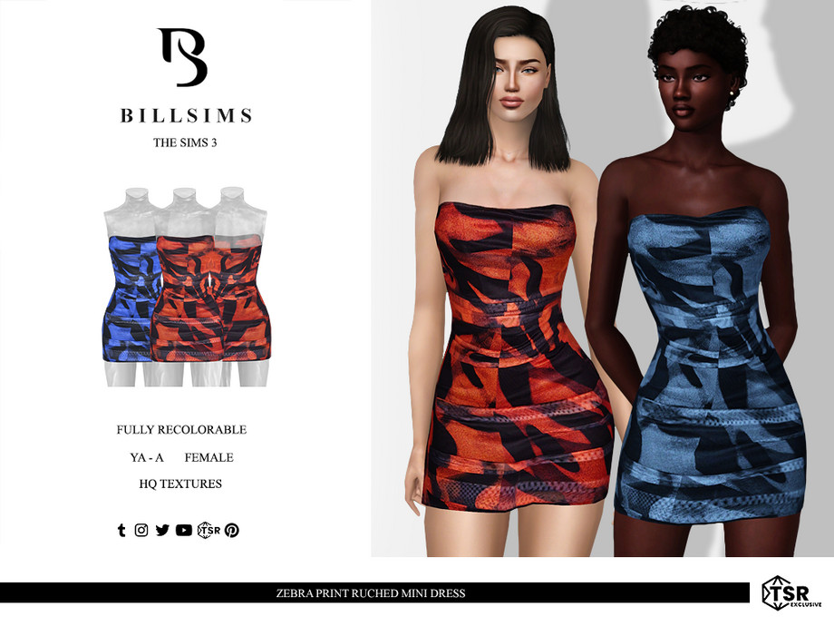 Платье Zebra Print Ruched Mini для Симс 3