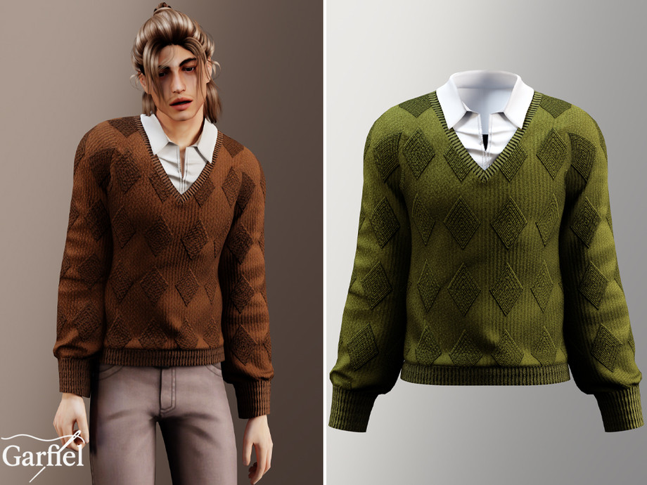 Adult - Patterned V neck sweater with shirt layer 1
