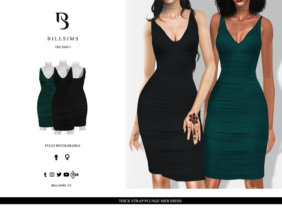 Платье Thick Strap Plunge Midi для Симс 3