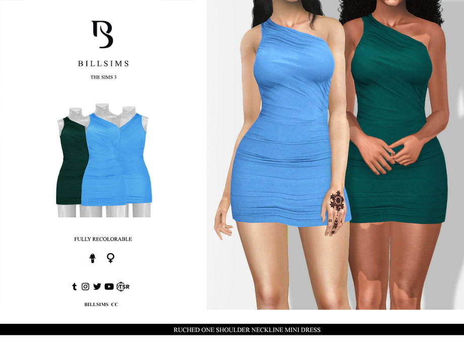 Платье Ruched One Shoulder Neckline Mini для Симс 3