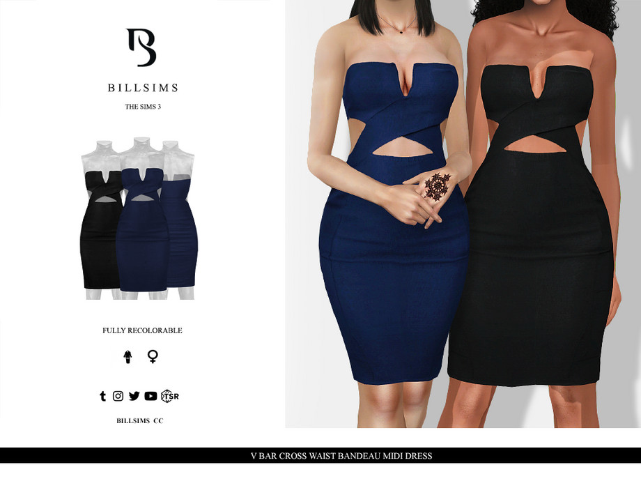 Платье V Bar Cross Waist Bandeau Midi для Симс 3