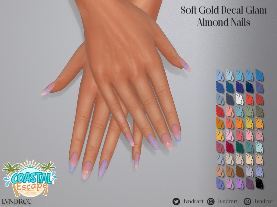 Coastal Escape - Soft Gold Decal Glam Almond Nails 1