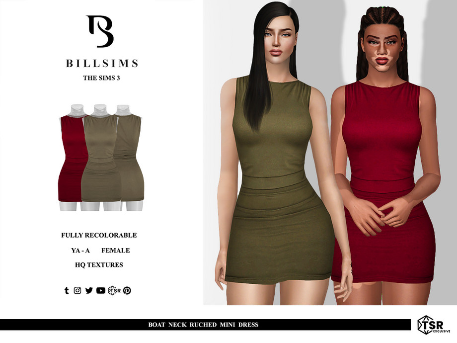 Платье Boat Neck Ruched Mini Dress для Симс 3