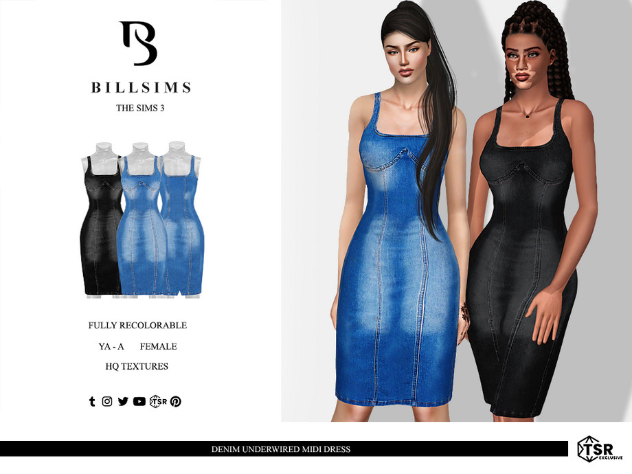 Платье Denim Underwired Midi для Симс 3