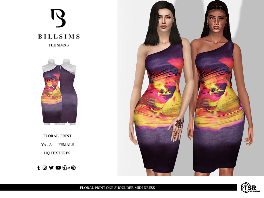 Платье Floral Print One Shoulder Midi для Симс 3