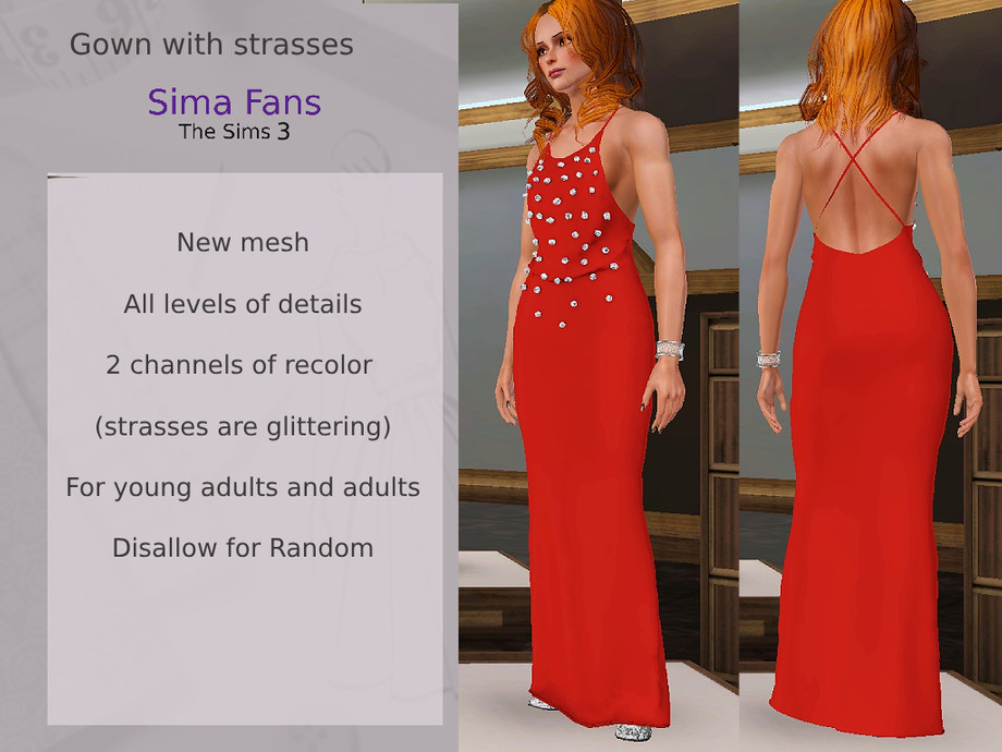 Платье Gown with Strasses by SimaFans для Симс 3