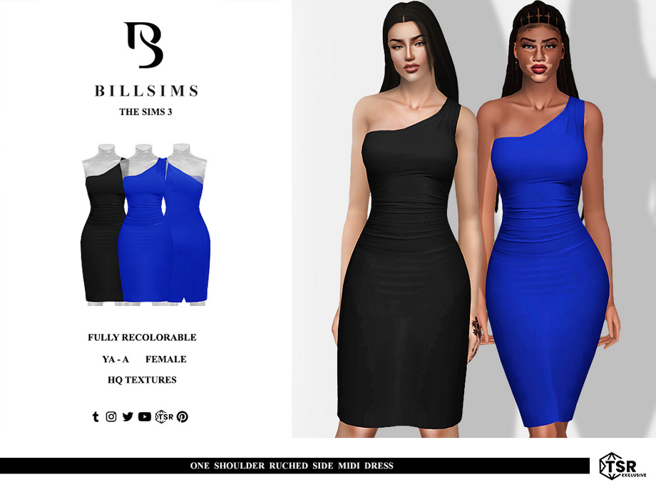 Платье One Shoulder Ruched Side Midi для Симс 3