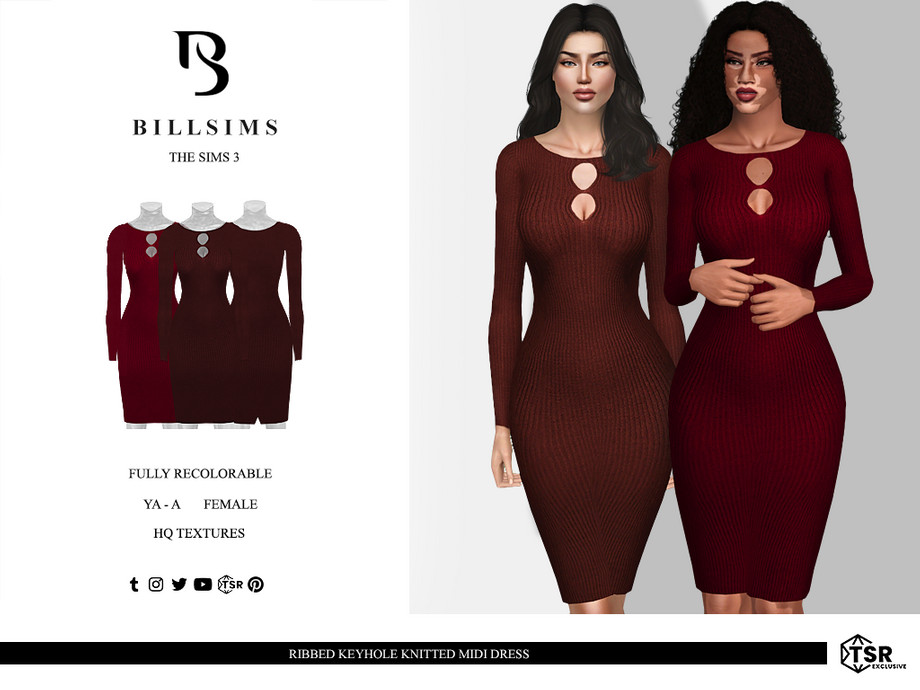 Платье Ribbed Keyhole Knitted Midi для Симс 3